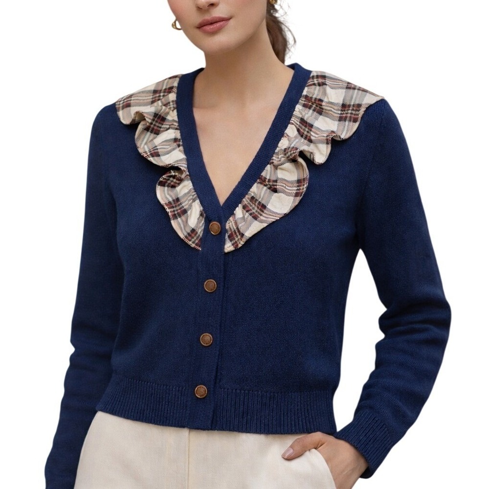 ENGLISH FACTORY Cottagecore Navy Blue Plaid Ruffle Collar Cardigan Sweater Small